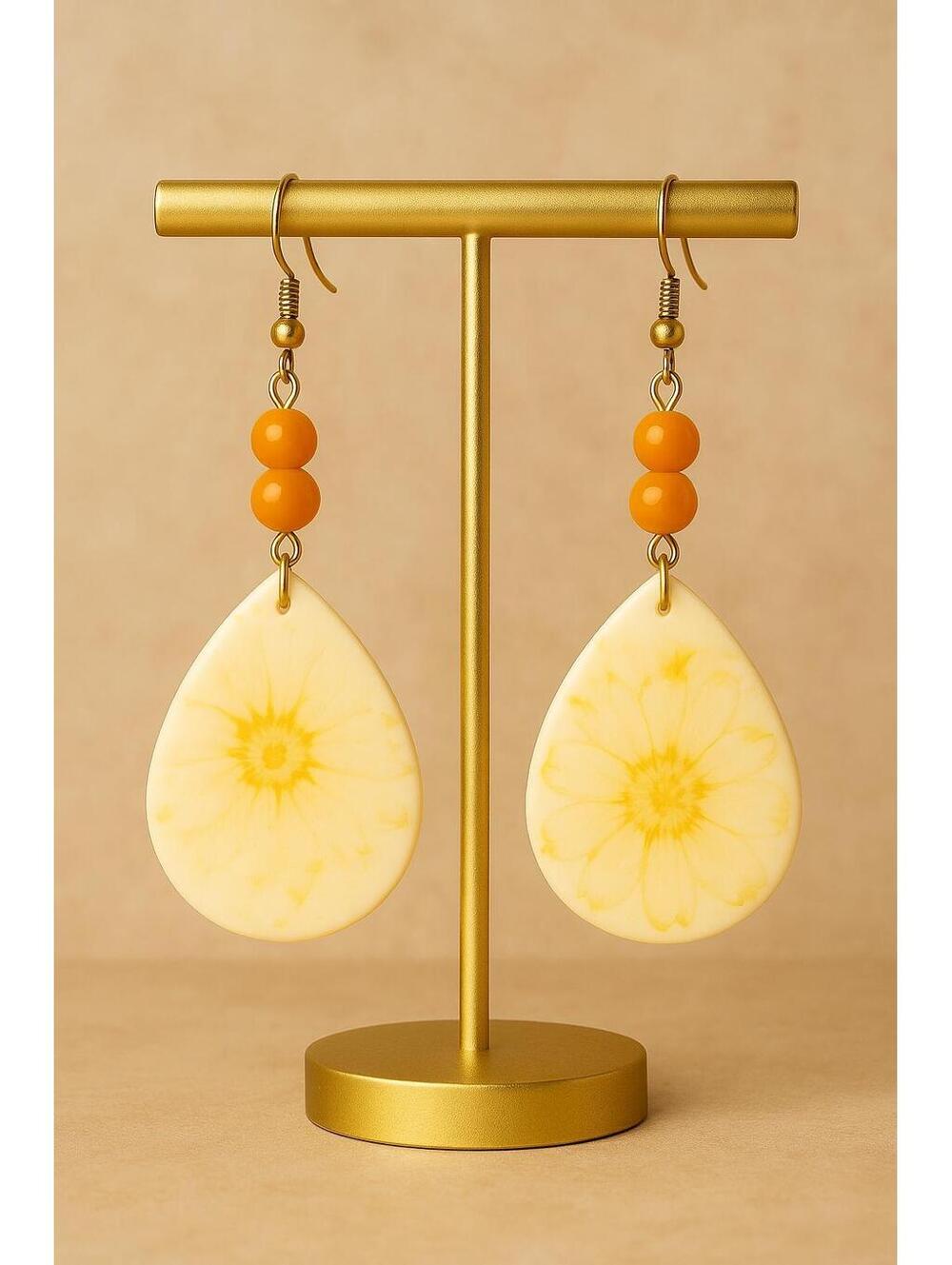 Yellow Flower Teardrop Clay Earrings with Orange Beads Lightweight Handmade Fall